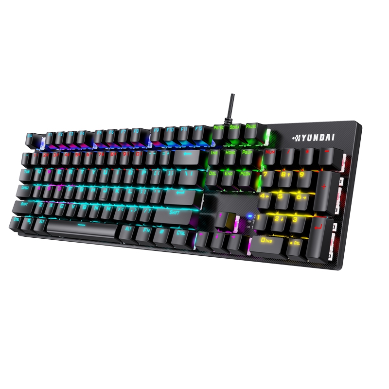 商家联盟韩国现代hy-gk100有线机械单键盘(黑色青轴)一年质保 七彩