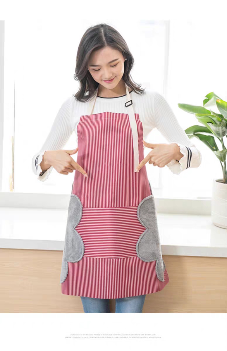 可擦手条纹绒面围裙日式加厚防水防油做饭罩衣厨房家用成人女围腰