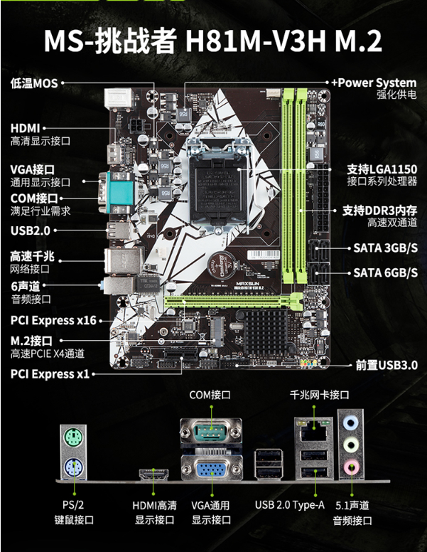 铭瑄(maxsun)ms-挑战者 h81m-v3h m.2 主板 (intel h81/lga 1150)